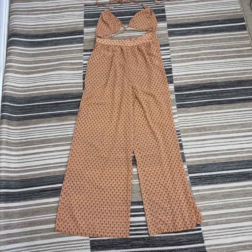 Tularosa‎ Jumpsuit Womens Large Orange Geo Print Wide Leg Halter Backless Boho